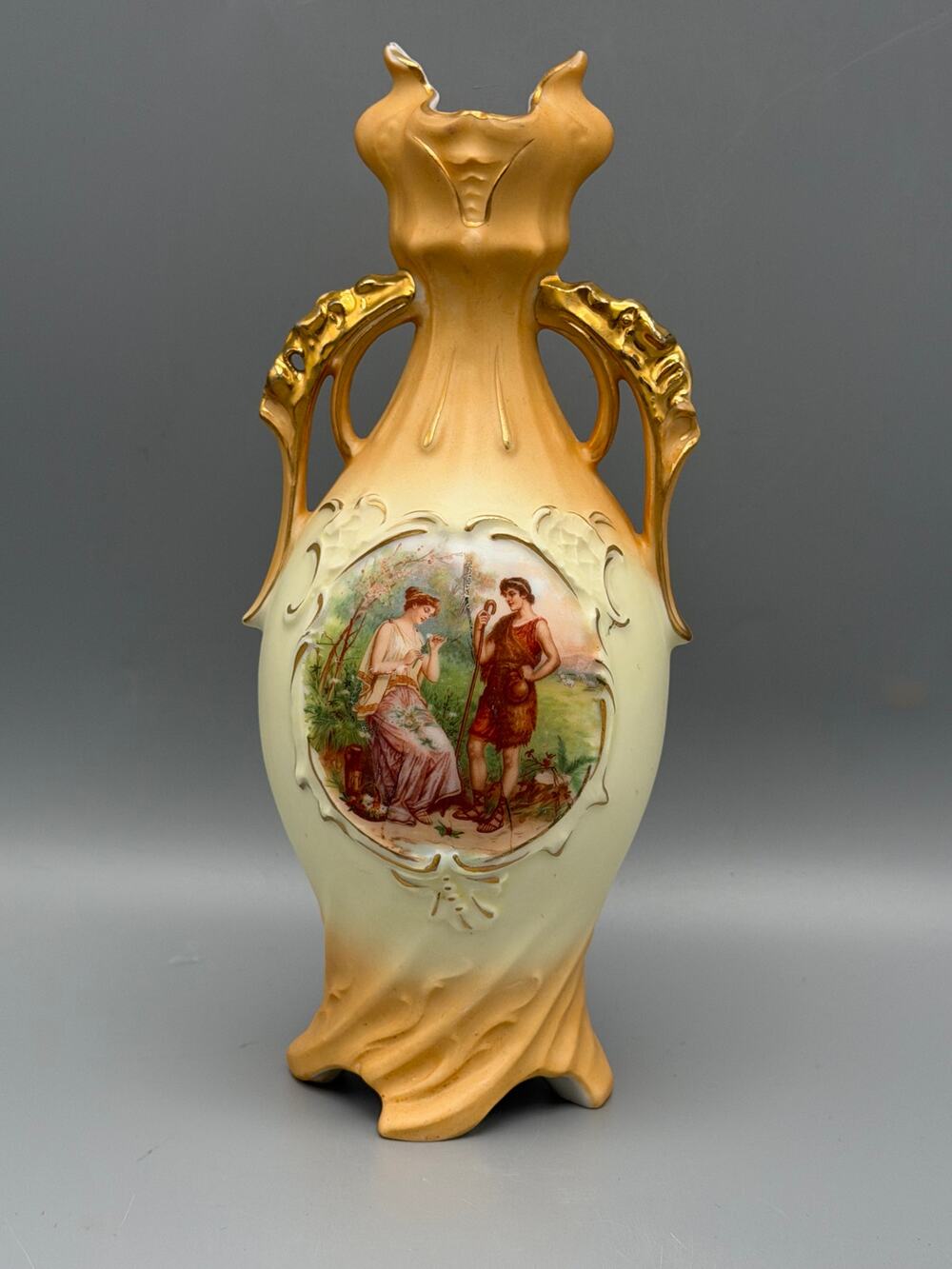 Art Nouveau Portrait Vase Double Handle Matte Bisque Style Gold Gilt